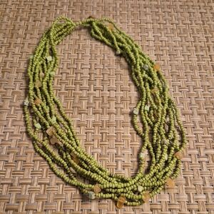 Green Beaded Choker Style Necklace With Cream Colored Stones